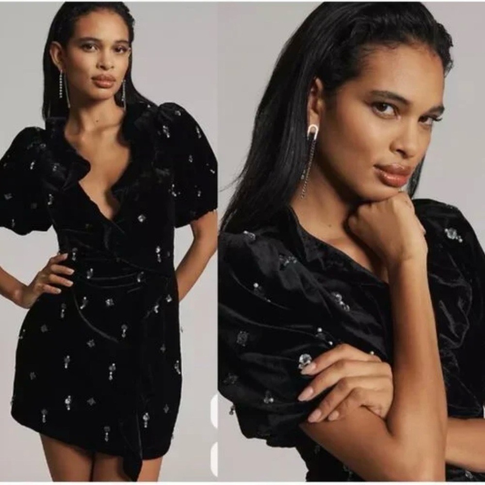 Anthropologie Maeve Short-Sleeve Velvet Embellished Mini Dress NWT in Black 0P